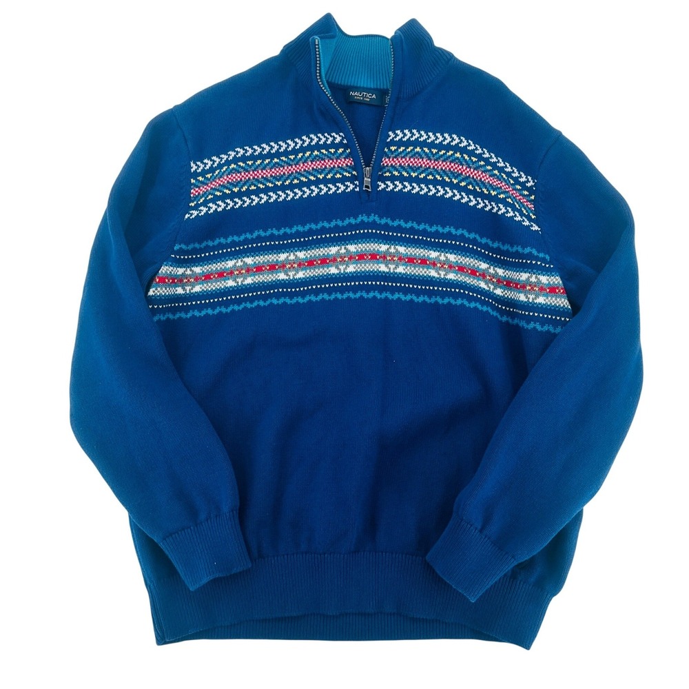 Nautica Fair Isle Quarter Zip Knit Sweater Blue XL